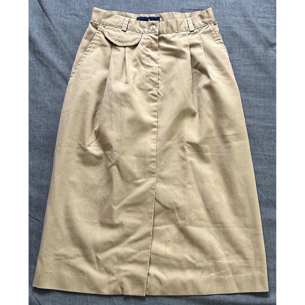 Vintage Modiano Khaki Midi Skirt Tan Pleated Front Slit Pockets Size 7/8